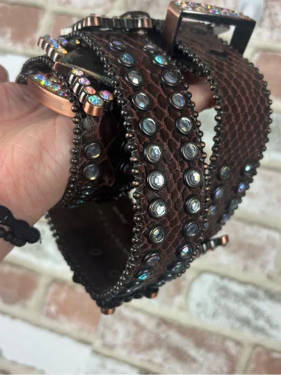 Nocona N3417002 Brown Calf Hair Leather Studded Iridescent Rhinestone Belt Large - Picture 3 of 12